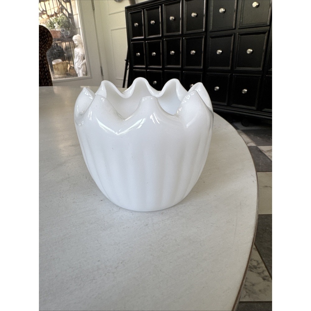Milk Glass Vase with Ruffled edge and ribbed sides